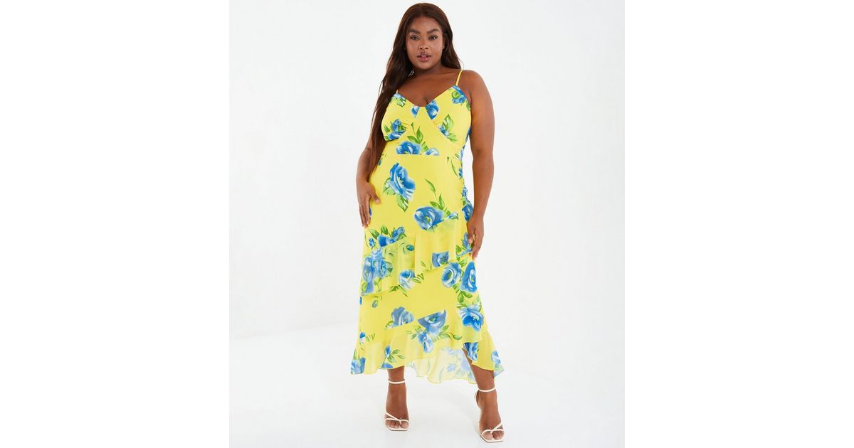 QUIZ Curves Yellow Floral Strappy Maxi Dress New Look