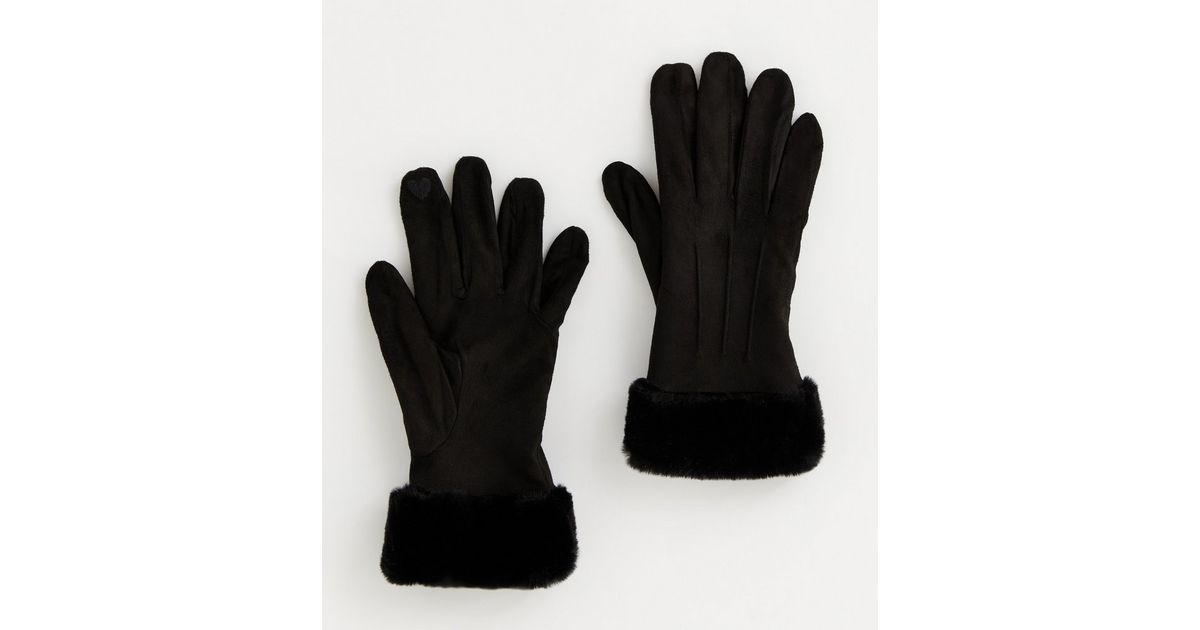 Black Suedette Faux Fur Cuff Gloves | New Look
