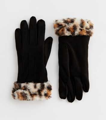 Black Animal Print Suedette Faux Fur Cuff Gloves