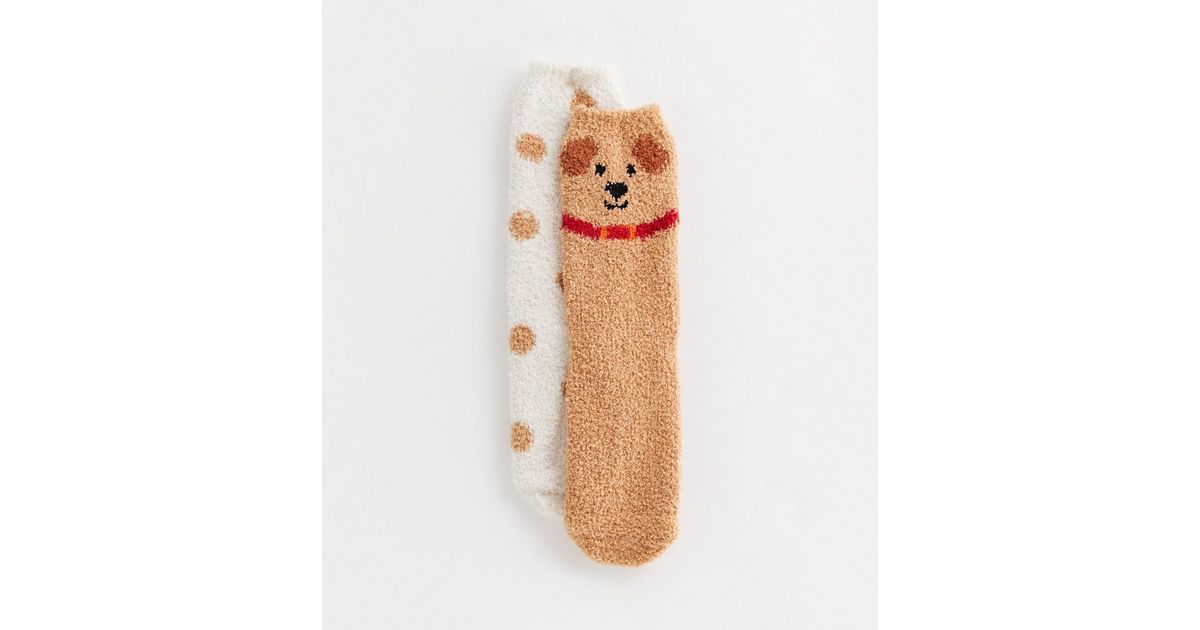 2 Pack Brown Dog Fluffy Socks | New Look