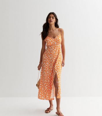 Orange Floral Frill Strappy Midi Dress New Look