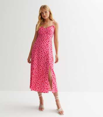 Pink Abstract Frill Strappy Midi Dress