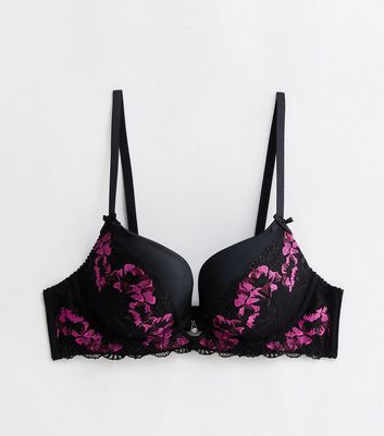 Black Floral Glitter Embroidered Keyhole Push Up Bra New Look