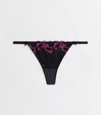 Black Floral Glitter Embroidered Thong New Look