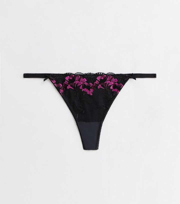 Black Floral Glitter Embroidered Thong