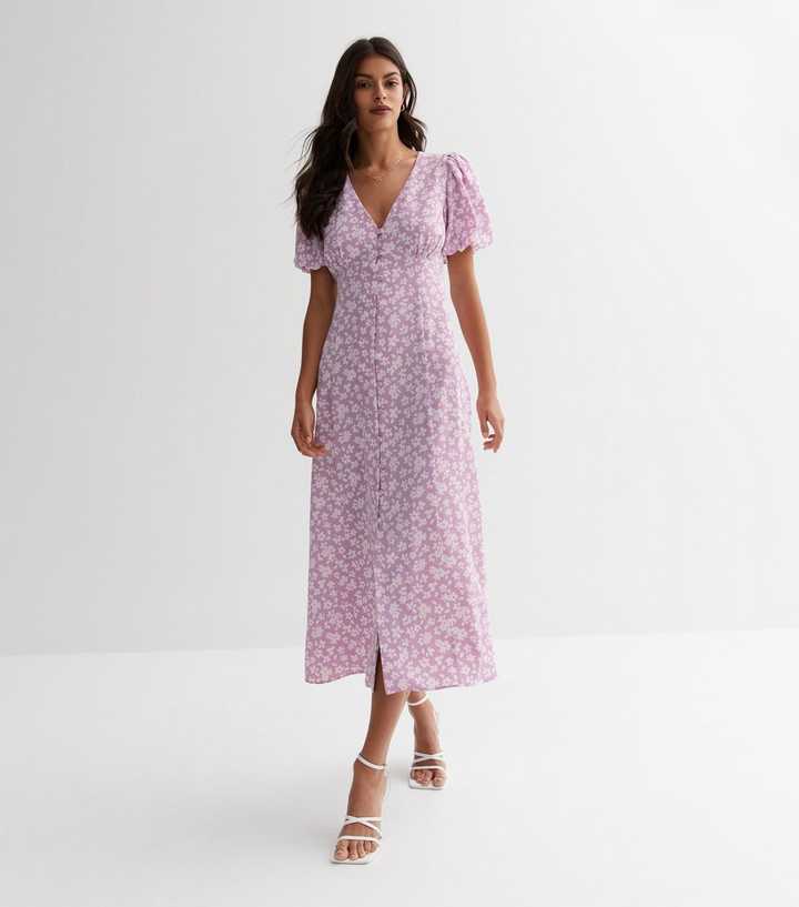 Lilac Floral Puff Sleeve Midaxi Dress