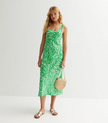 Green Zebra Print Ruched Strappy Midi Dress New Look