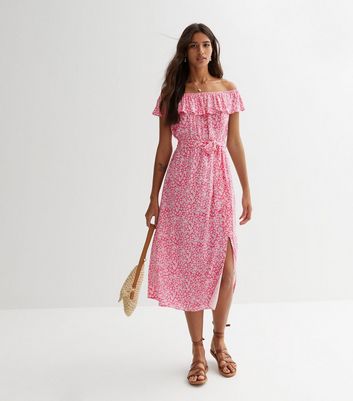 Pink floral bardot clearance dress