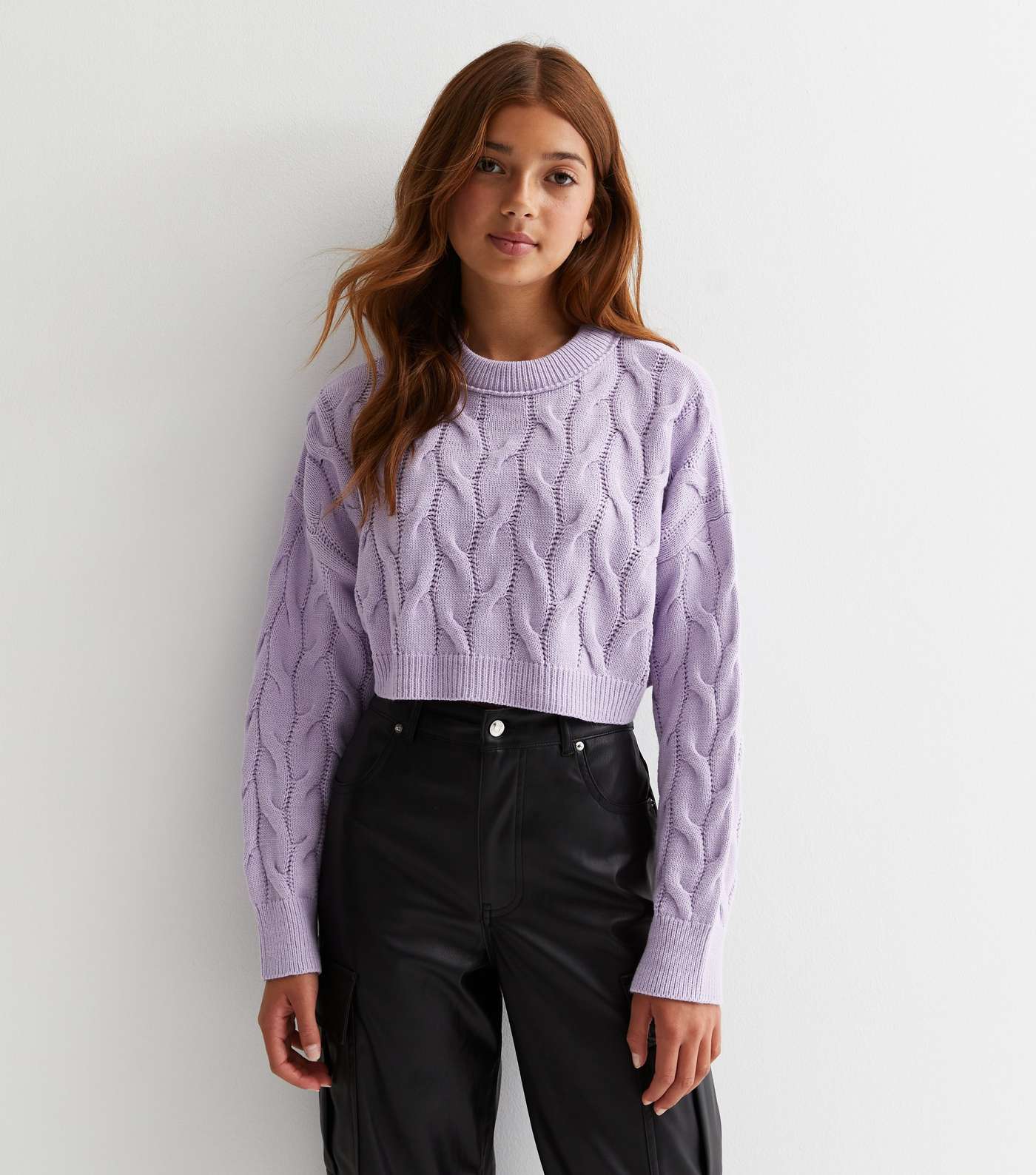 Girls Lilac Cable Knit Crop Jumper Image 2