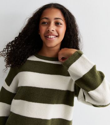 Girls Green Stripe Fluffy Jumper New Look