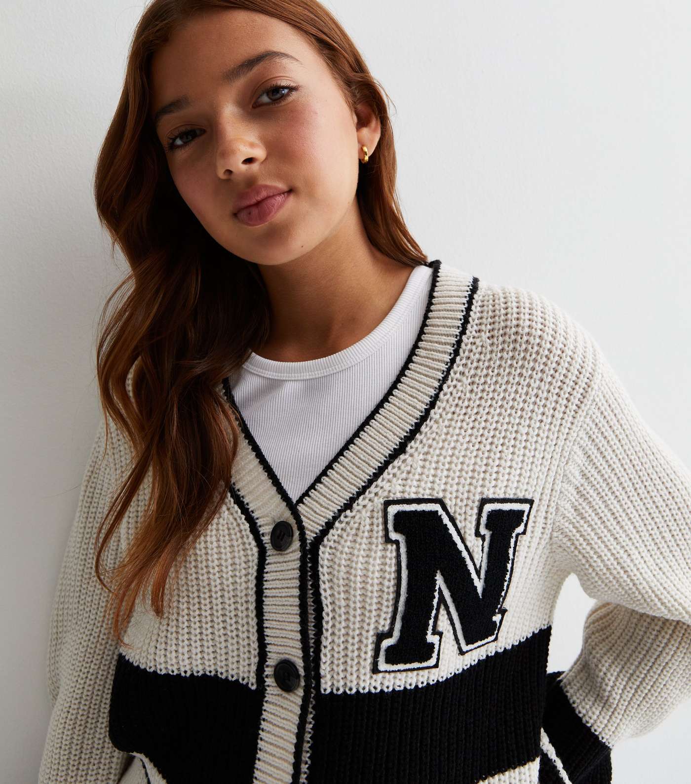 Girls Off White Chunky Knit Collegiate Cardigan Image 2