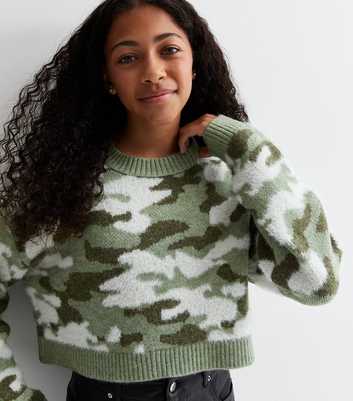 Girls Green Camo Knit Crop Jumper