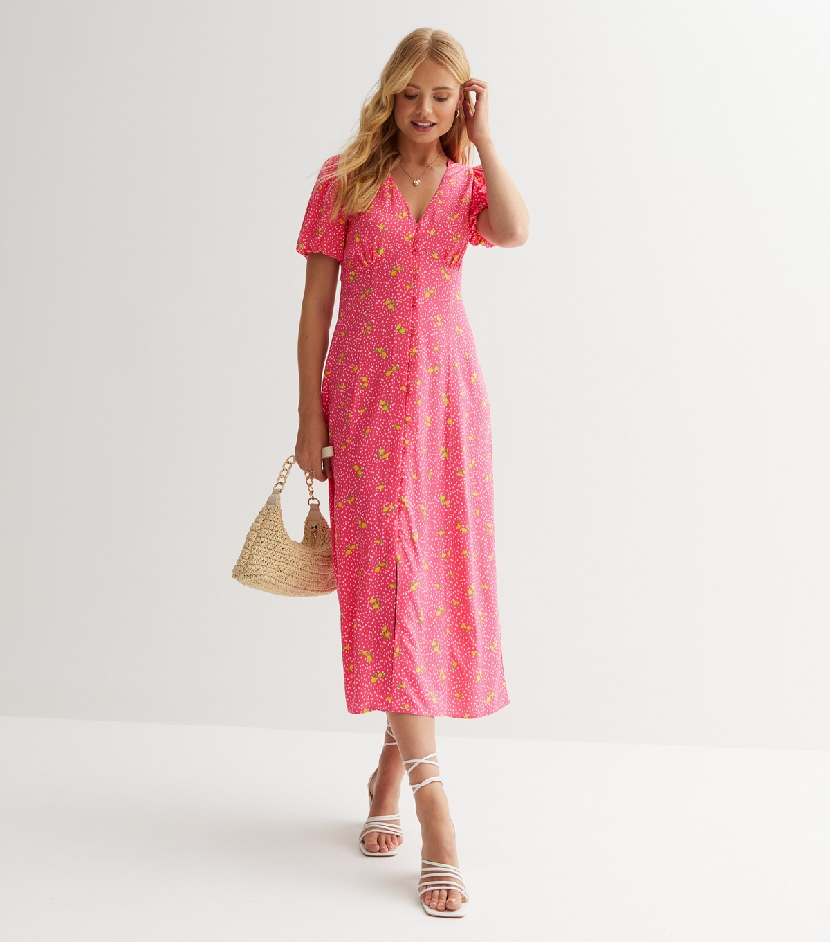 Women's Pink Lemon Spot Puff Sleeve Midi Dress New Look