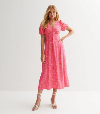 Pink Lemon Spot Puff Sleeve Midi Dress New Look