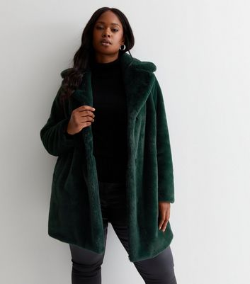 Curves Dark Green Faux Fur Coat New Look
