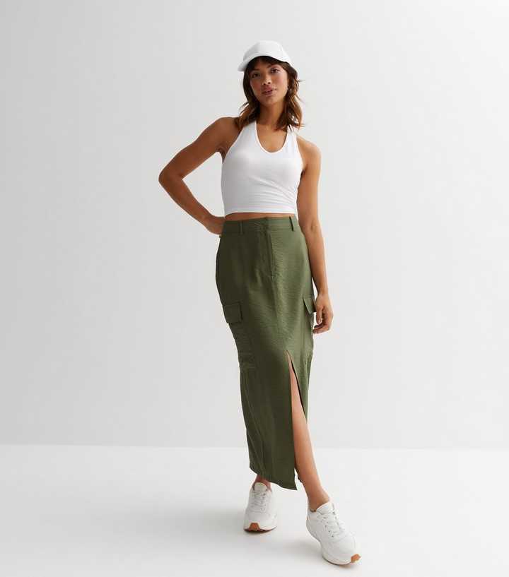 Khaki Split Hem Cargo Midaxi Skirt