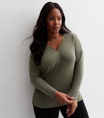 Curves Khaki Fine Knit Zip Front Longline Top