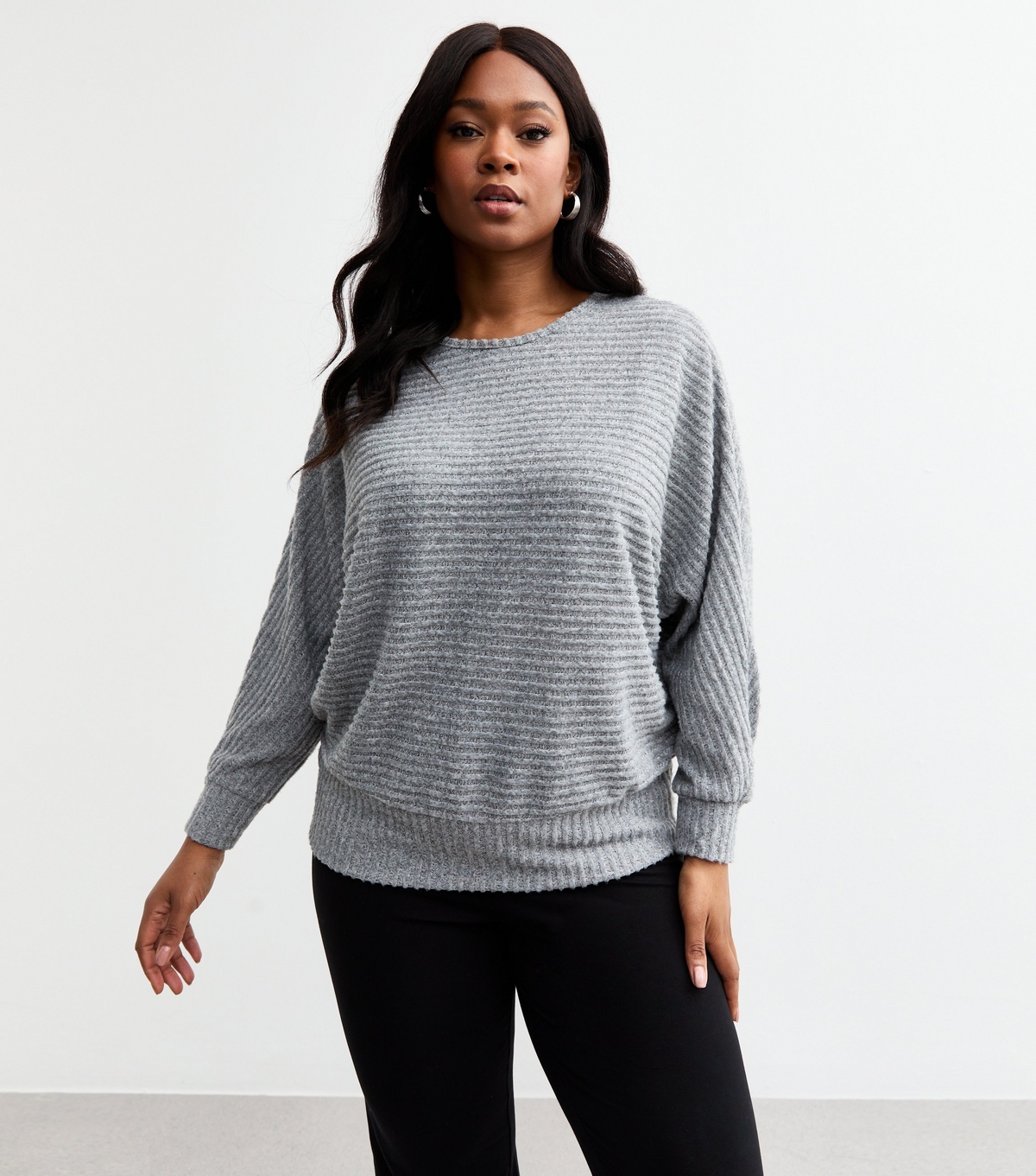 Women's Plus Size Grey Ribbed Knit Batwing Top Curves New Look