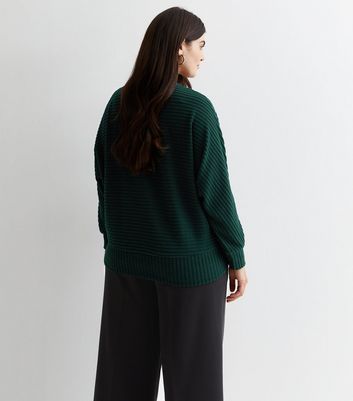 Curves Dark Green Ribbed Knit Batwing Top New Look