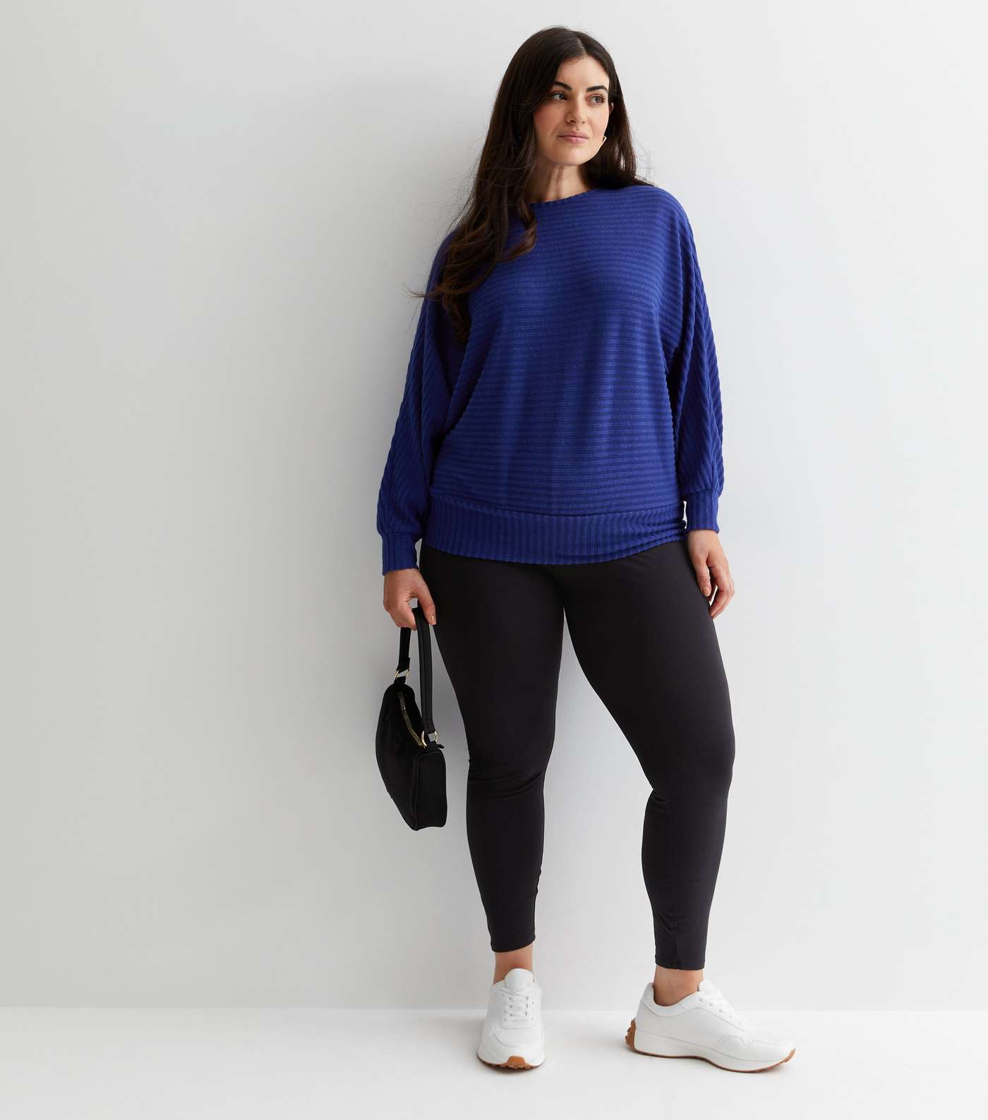 Curves Bright Blue Ribbed Knit Batwing Top Image 3