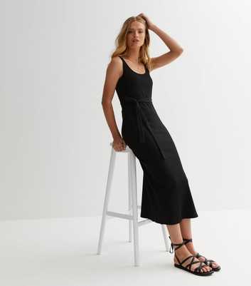Black Ribbed Belted Bodycon Midi Dress