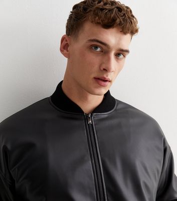 Black Leather Look Oversized Bomber Jacket New Look