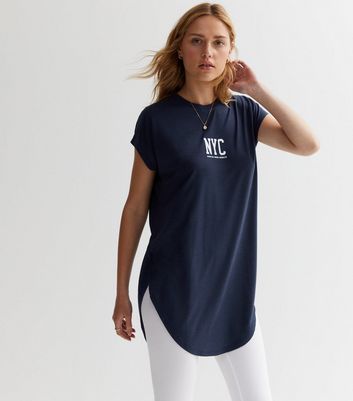 Navy New York Logo Longline T-Shirt New Look