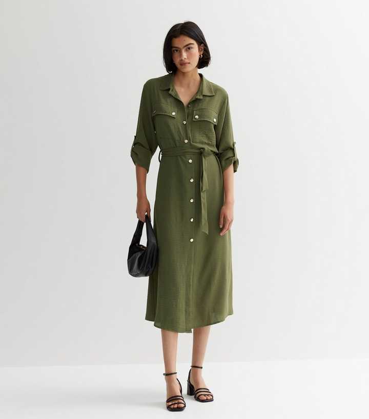 Cameo Rose Khaki Belted Utility Midi Shirt Dress
