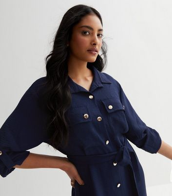 Cameo Rose Navy Belted Utility Midi Shirt Dress New Look