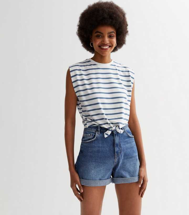 White Stripe Tie Front Sleeveless Top