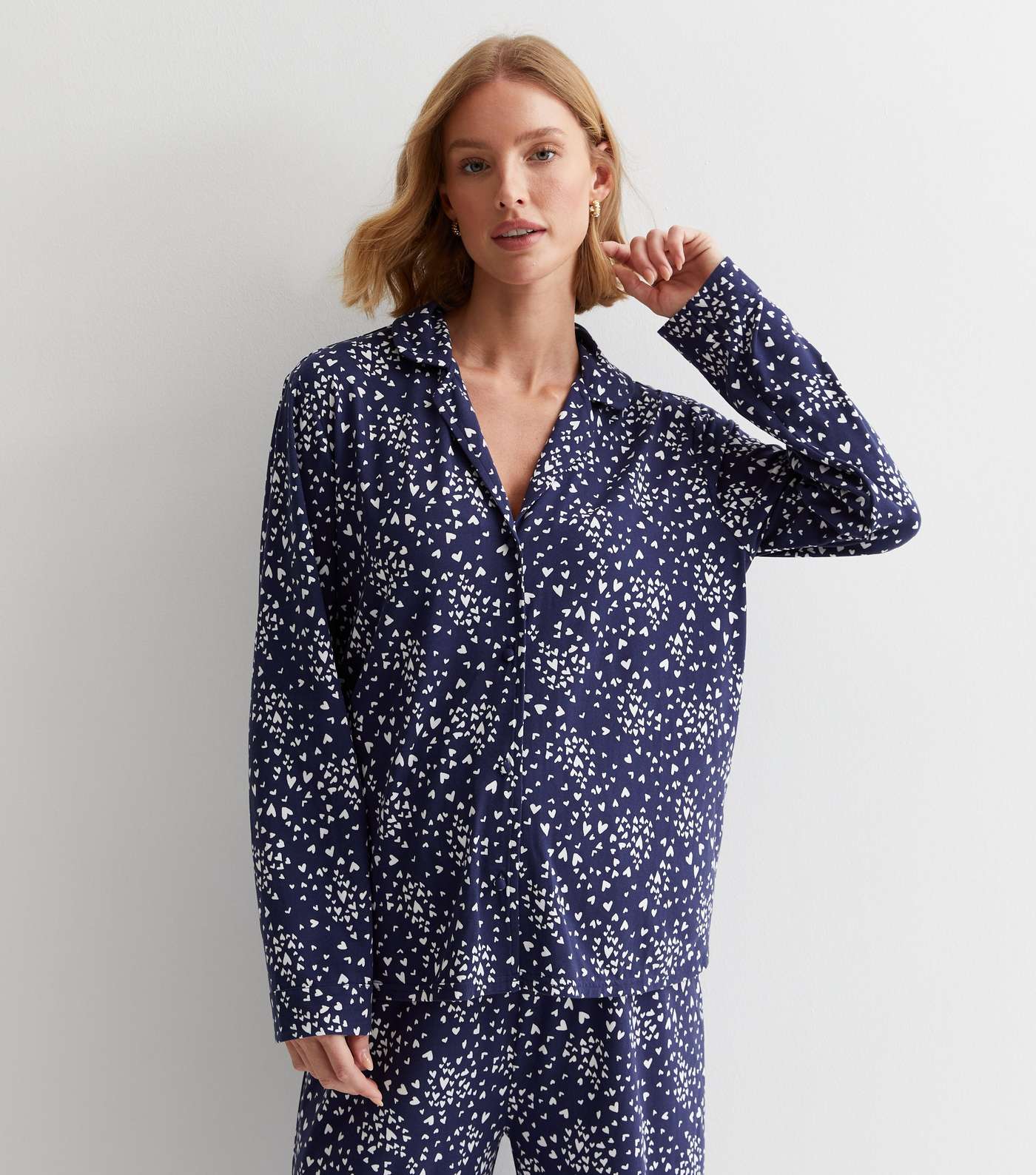 Maternity Navy Revere Trouser Pyjama Set with Heart Print Image 2