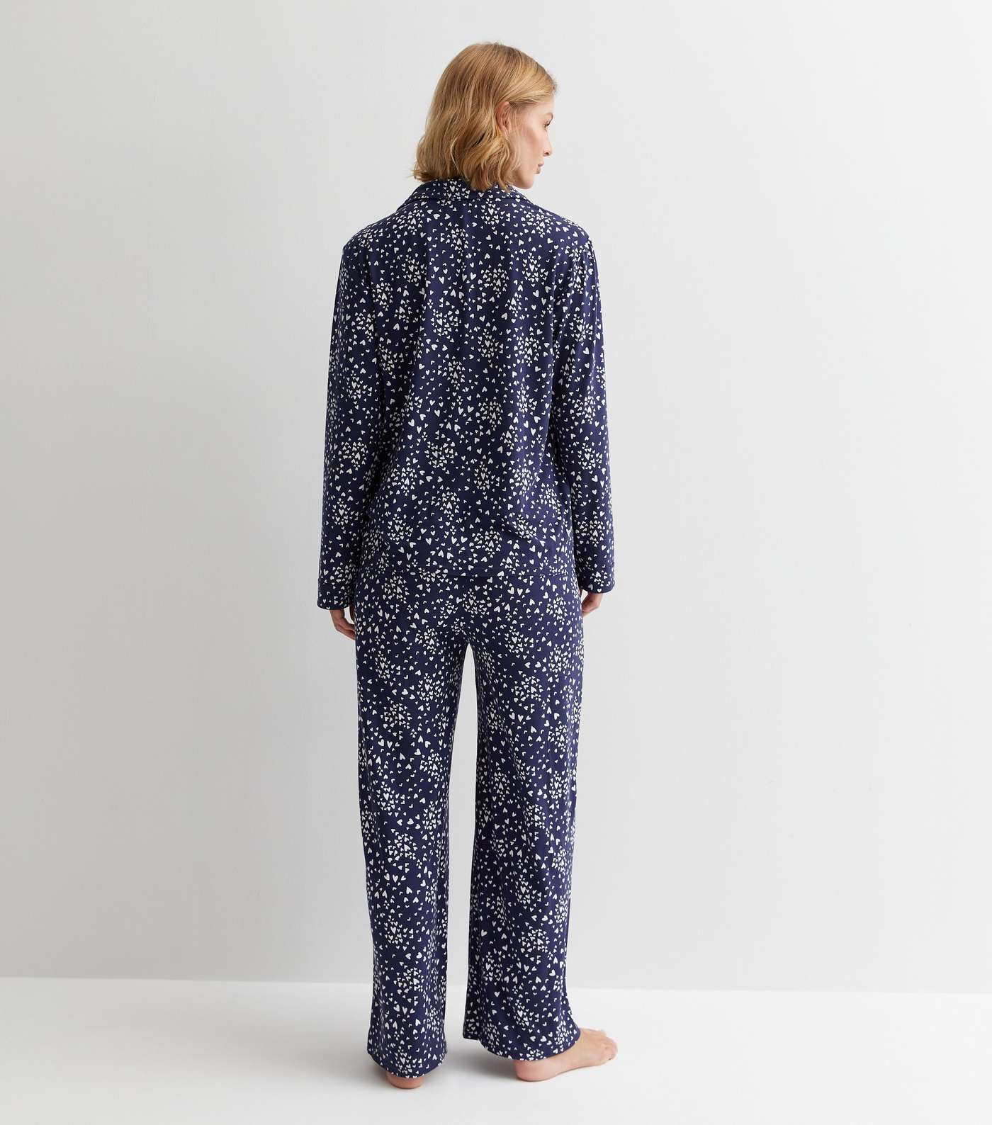 Maternity Navy Revere Trouser Pyjama Set with Heart Print Image 4