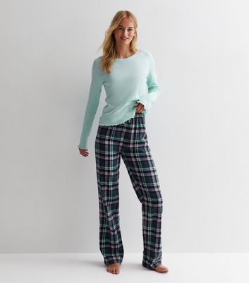 Tall Mint Green Cotton Trouser Pyjama Set with Check Print New Look