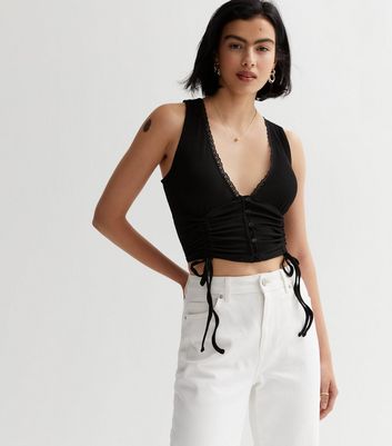 Black Lace Trim Ruched Side Top | New Look