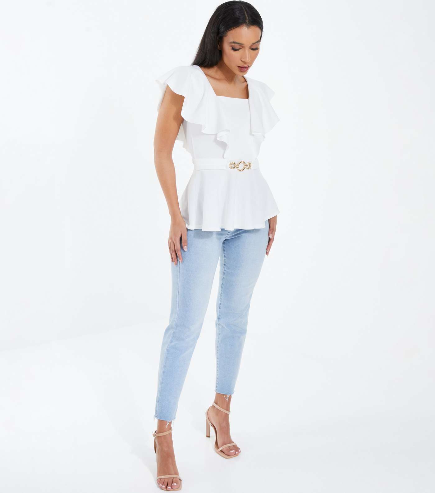 QUIZ Off White Frill Buckle Peplum Top Image 2