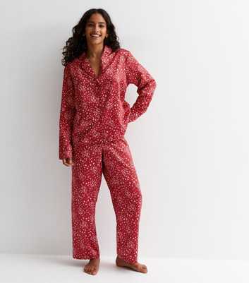 Petite Red Satin Trousers Pyjama Set with Heart Print