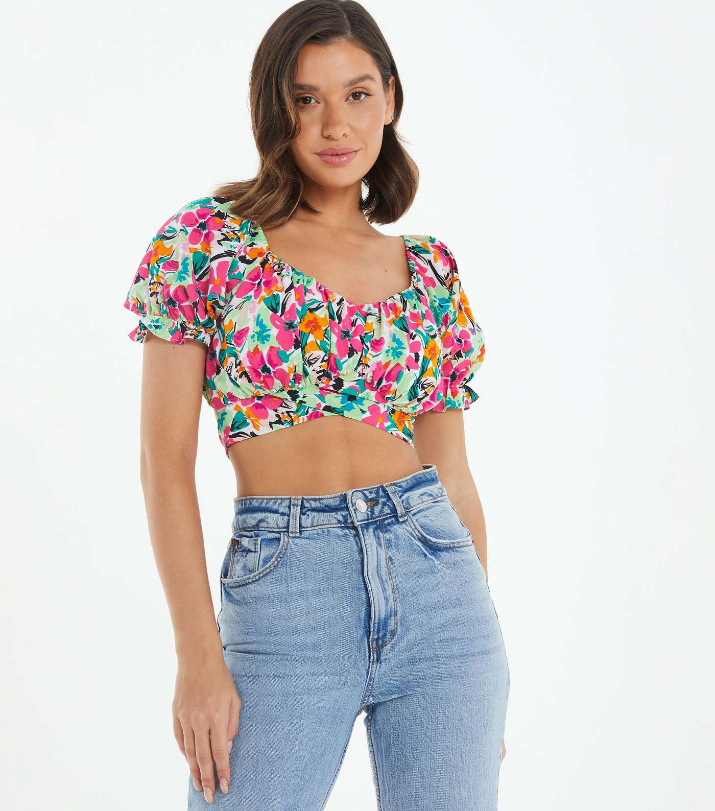 QUIZ Multicoloured Floral Tie Back Crop Top