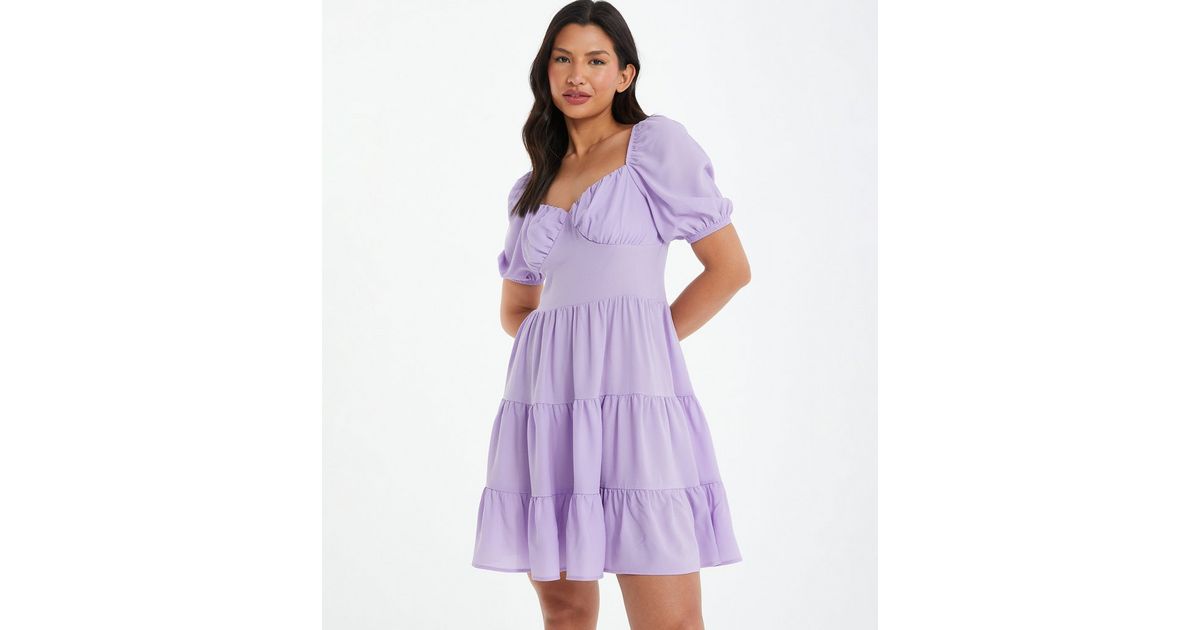 QUIZ Lilac Puff Sleeve Tiered Hem Mini Dress | New Look