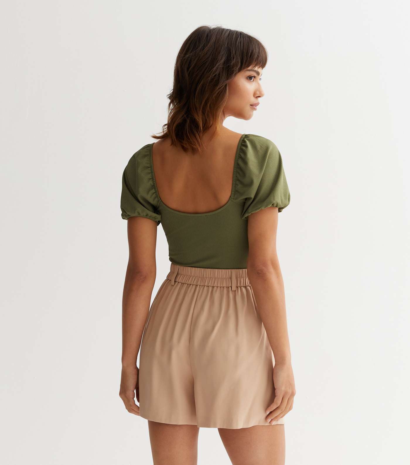 Olive Puff Sleeve Tie Front Bodysuit Image 4