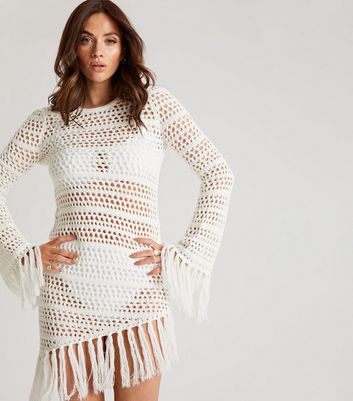 Urban Bliss White Crochet Asymmetric Beach Dress New Look