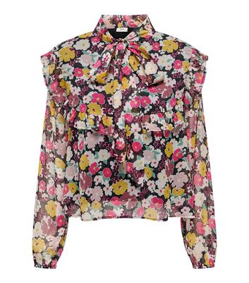 JDY Multicoloured Floral Tie Neck Ruffle Blouse New Look