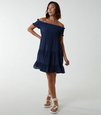 Blue Vanilla Navy Bardot Tiered Mini Dress New Look