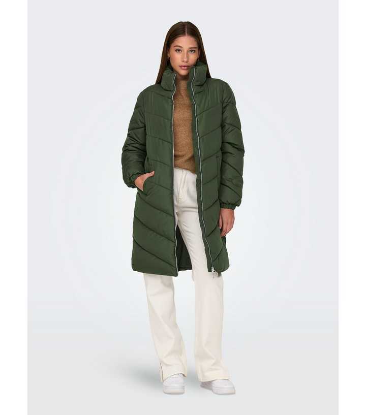 Pieces longline padded coat with hood in olive green