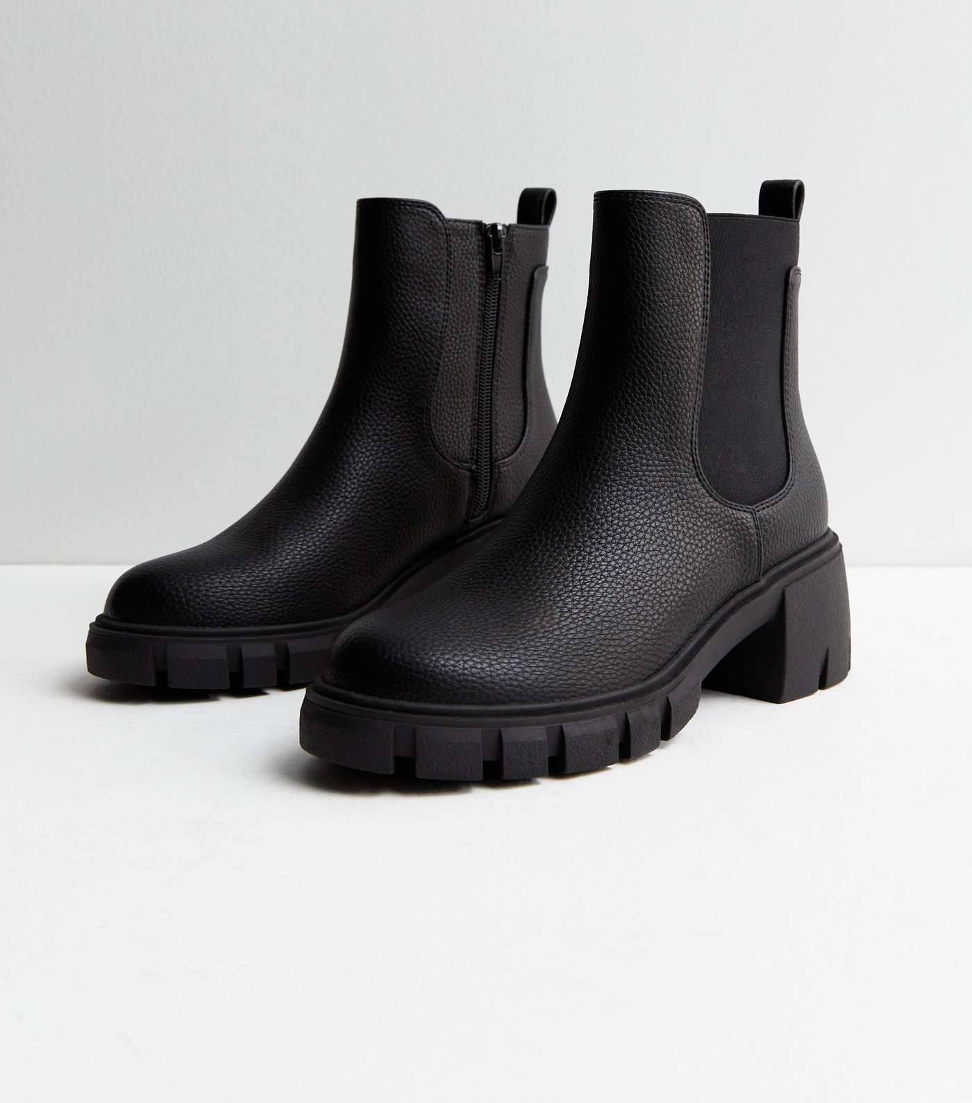 Black Leather-Look Cleated Block Heel Chelsea Boots Image 2