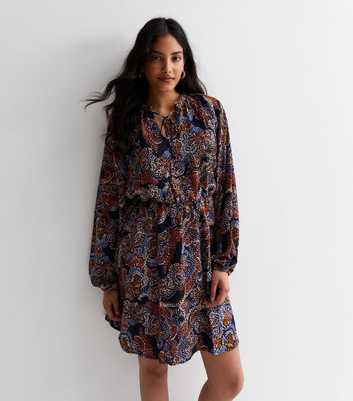 JDY Navy Abstract Print Long Sleeve Mini Dress