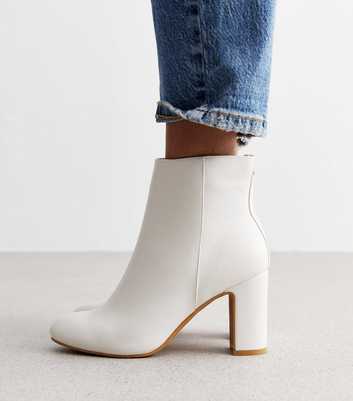 Off White Leather-Look Block Heel Ankle Boots
