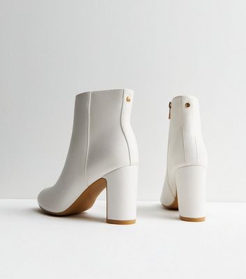 Off White Leather Look Block Heel Ankle Boots New Look