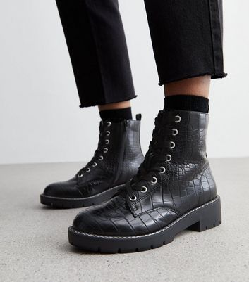 Black croc lace outlet up ankle boots