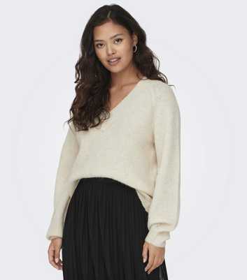 JDY Cream Ribbed Knit V Neck Jumper