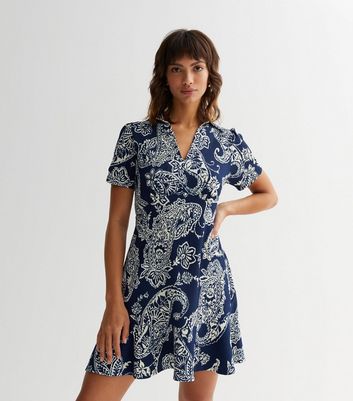Blue Paisley Crinkle Collared Mini Dress New Look